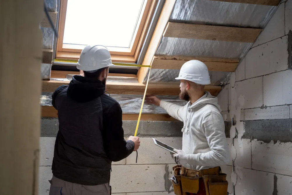 Deux ouvriers travaillent à l’isolation des sous-pentes d’une maison.