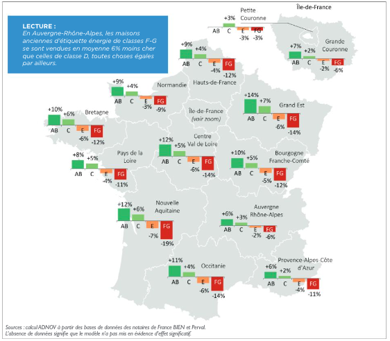 Carte de France indiquant l’influence des classes énergétiques sur le prix de vente des maisons anciennes dans les grandes villes.