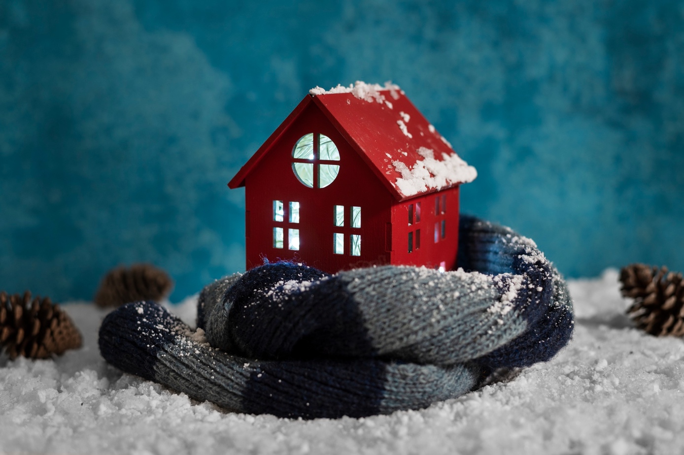 Petite maison rouge sous la neige entourée d’une écharpe.